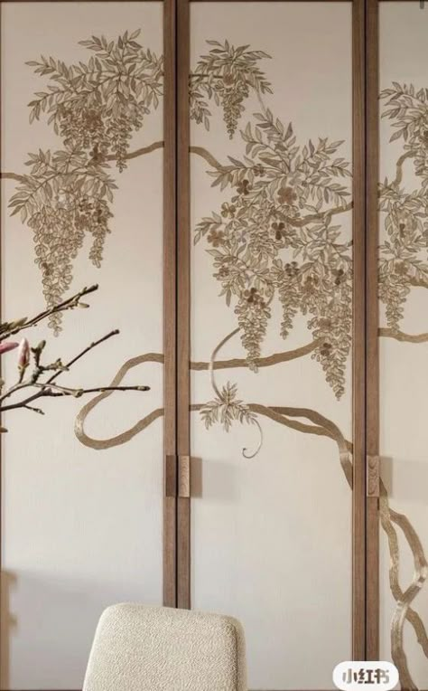 Love this wood frame and the 'almost' integral door pull. Very Elegant Chinoiserie Room, Wardrobe Designs, Wallpaper Companies, Wardrobe Interior Design, Hand Painted Wallpaper, Hallway Ideas, Wardrobe Design, Interior Deco, Furniture Upholstery