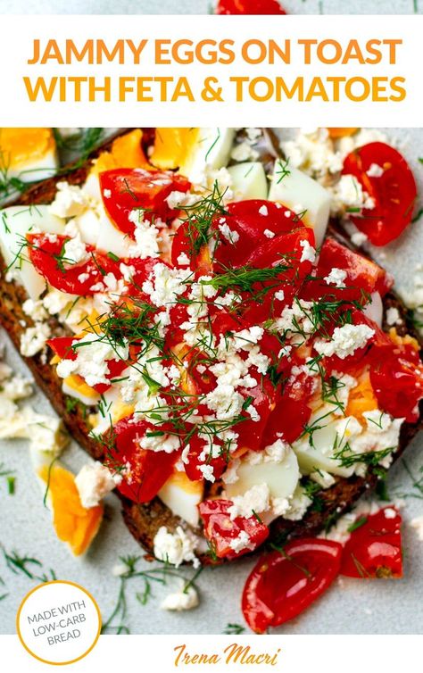 Boiled Jammy Eggs On Toast With Tomatoes, Feta & Dill Boiled Eggs On Toast, Toast With Tomatoes, Jammy Eggs, Eggs On Toast, Feta Cheese Recipes, Grain Free Bread, Protein Bread, Breakfast Eggs, Feta Recipes