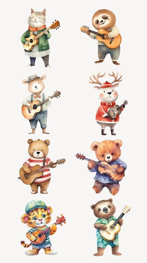 Watercolor animal character playing guitar isolated image set | premium image by rawpixel.com / Hein Character Playing Guitar, Cartoon Teddy Bear, Animals Cartoon, Animal Character, Cat Cartoon, Art Idea, Arte Animal, Woodland Creatures, Set Free