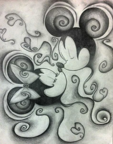 Cartoon Love Drawings, Mickey And Minnie Drawings, Disney Love Drawings, Drawing Ideas Chicano, Kissing Tattoo, Mickey Mouse Drawing, Mouse Drawings, Mickey Mouse Love, Mickey Tattoo