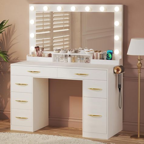 PRICES MAY VARY. Vanity Desk with Three Lighting Modes: Measuring 38.7''x18'', This vanity mirror with lights provides a broad viewing to reveal your beauty from every perspective. Makeup vanity desk with lights customize with 3 color modes of cool white, warm white and warm yellow, perfect for daily makeup routine, selfies and live streaming. 6 Drawers & 1 Cabinet Vanity Desk: This vanity with lights provides ample storage for your makeup and hair tools. The shelves on the desktop can hold your Preppy Vanity, Desk With Lights, Vanity With Lights, White Vanity Desk, White Makeup Vanity, Makeup Vanity Desk, Vanity Bedroom, Mirrored Vanity Desk, Vanity Benches