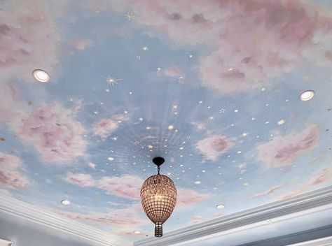 Sky Mural, Birmingham Michigan, Cloud Ceiling, Balloon Chandelier, Sky Ceiling, City Of Birmingham, Ceiling Painting, Ceiling Murals, Design Ceiling