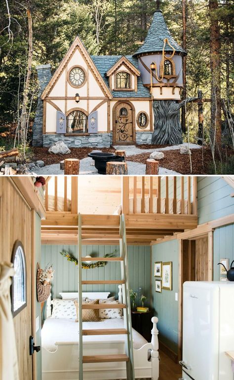 Tiny House Fairytale Cottage, Unique Cottage Exterior, Tiny House Cottage Floor Plans, Small Fairytale Cottage Floor Plans, Witchy Cottage House Plans, Interesting Home Exterior, Tiny Cottage House Plans, Fairytale Cottage House Plans, Tiny Cottage Homes