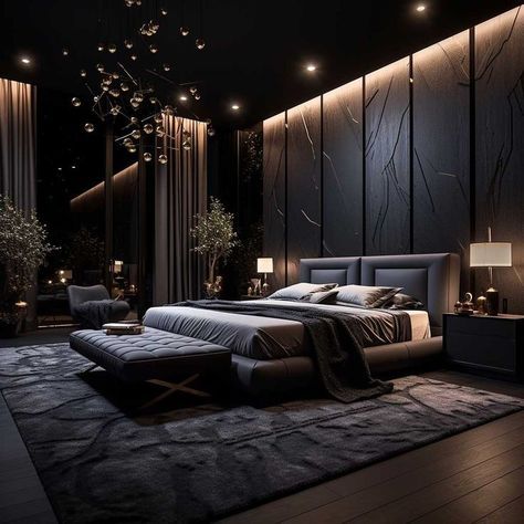 Rich Bedroom Luxury Black, Luxury Bedroom Design Black, Mafia Bedroom, Gold Theme Room, Rich Bedroom Luxury, Bedroom Design Black, Rich Bedroom, Modern Guest Room, Stylish Bedroom Ideas