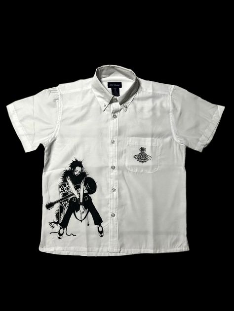 Y2k White Button Up, Cool Designs On Shirts, Grunge Button Up, Button Up Design, Button Up Shirt Design Ideas, Y2k Button Up Shirt Outfit, Graphic Button Up Shirt Outfit, Graphic Button Up, Painted White Shirt