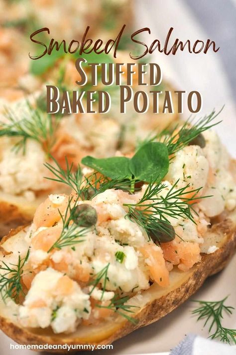 Stuffed Baked Potato, Salmon Stuffed, Salmon And Cream Cheese, Potato Filling, Stuffed Potatoes, Stuffed Baked Potatoes, Salmon Potato, Best Seafood Recipes, Lobster Recipes