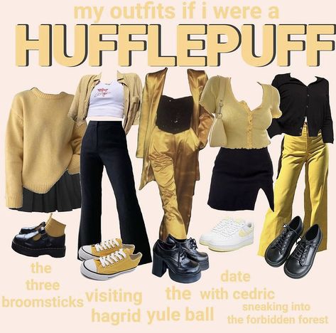 Cute Hufflepuff Outfits, Hufflepuff Summer Outfit, Hufflepuff Inspired Outfits Casual, Hufflepuff Outfit Universal, Hufflepuff Lookbook, Hufflepuff Outfit, Cottage Core Fashion, Tv Clothes, Hogwarts Outfits