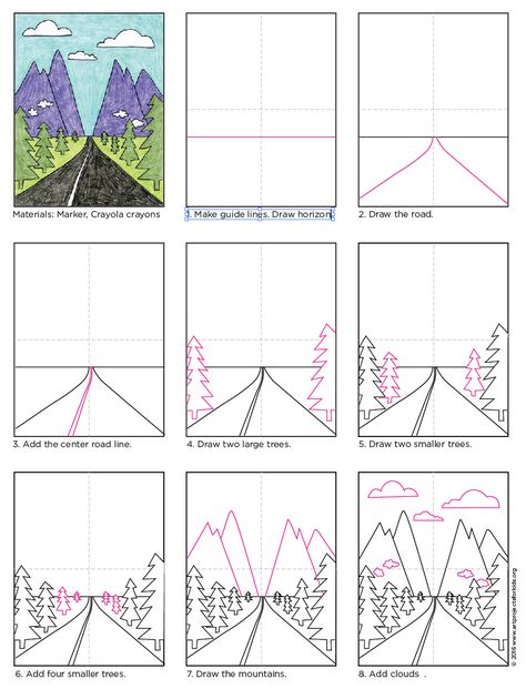 Draw a Vanishing Point Road. Free PDF tutorial download. #vanishingpoint #howtodraw Draw Perspective, Oppgaver For Barn, Ako Kresliť, Projek Menjahit, 4th Grade Art, 5th Grade Art, 3rd Grade Art, Art Worksheets, Vanishing Point