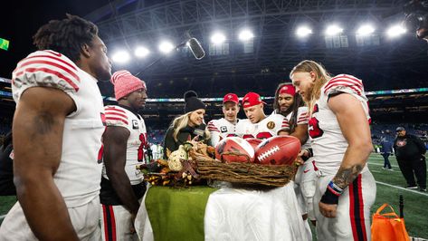 49ers: CB Charvarius Ward, WR Deebo Samuel, QB Brock Purdy, RB Christian McCaffrey, LB Fred Warner, TE George Kittle Kym Fortino 49ers Funny, 49ers Christmas, Fred Warner, Celebration Photos, Deebo Samuel, Christmas Layout, George Kittle, 49ers Players, Brock Purdy