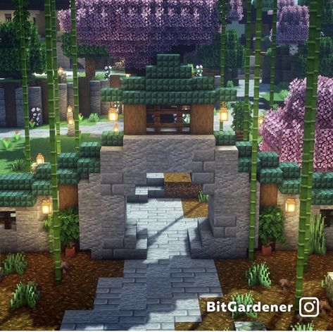 Japanese Gates Entrance Minecraft, Minecraft Moon Gate, Minecraft Gate Entrance Ideas, Garden Entrance Minecraft, Minecraft Japanese Entrance, Lumber Mill Minecraft, Minecraft Gates Entrance, Japanese Gate Minecraft, Japanese Banner Minecraft