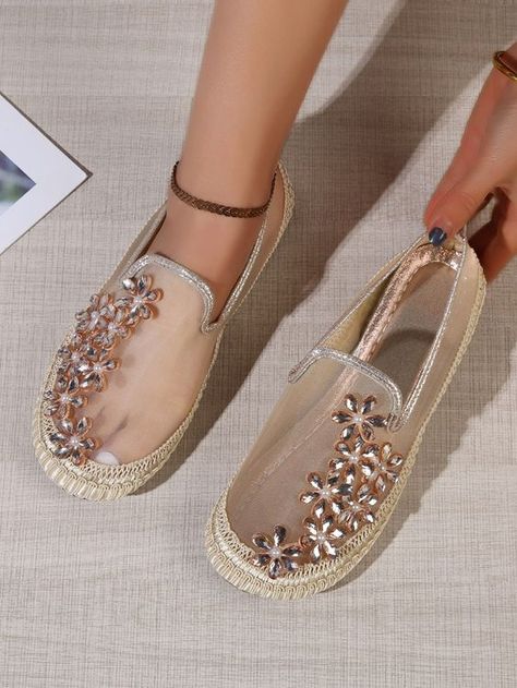 Gold Vacation Collar Plain Espadrilles Embellished Women Shoes Rhinestone Wedding Shoes, Mesh Heels, Cinderella Shoes, Bling Shoes, Rhinestone Shoes, Stunning Shoes, Women Flats, Rhinestone Decor, Unique Shoes