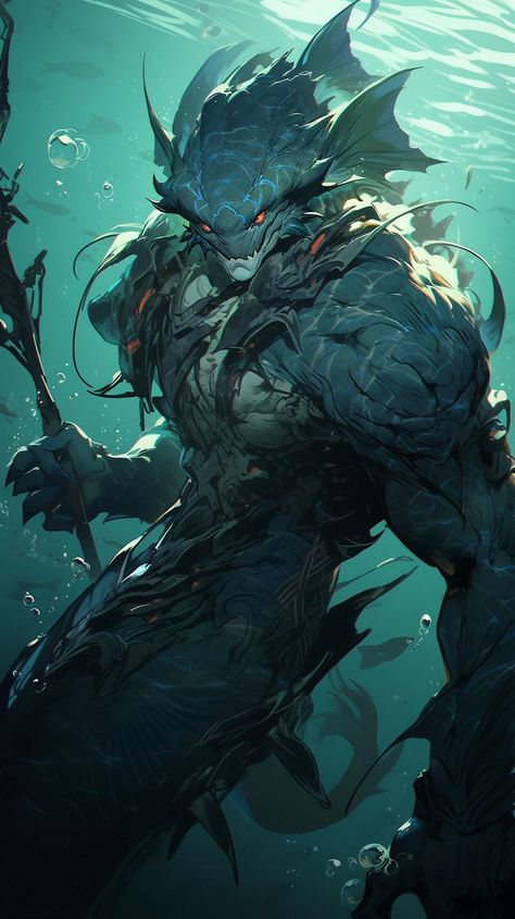 The marine monsters known as Merrow! These corrupted Merfolk terrorize the oceans attacking all who venture to the sea! They usually inhabit underwater caves, filling it with the plunder! If you ever see bodies of victims tied underwater that is Merrow territory! Underwater Humanoid Creatures, Fantasy Sea Monsters Concept Art, Merrow Dnd, Sea Creature Oc Male, Aquatic Monster Concept Art, Sea People Fantasy Art, Aquatic Dnd Character, Water Themed Character Design, Merfolk Warrior