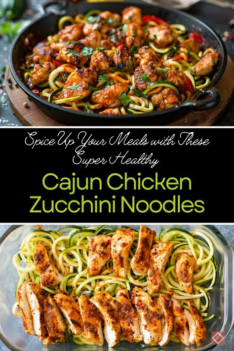 Revitalize your dinners with this tasty Cajun Chicken Zucchini Noodles recipe! 🌿 Bursting with bold Cajun spices and the healthy goodness of zucchini, these zoodles are an excellent low-carb, nutritious meal choice. Zoodles And Chicken, Zucchini Recipes Noodles, Chicken And Zucchini Noodles Recipes, Chicken And Zoodle Recipes, Chicken Recipes With Zucchini, Chicken Zoodle Recipes, Zucchini Chicken Recipes, Chicken And Zucchini Recipes, Healthy Cajun