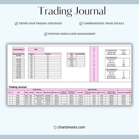 Options Trading Journal Template for Google Sheets, Win-Loss Strategy Tracking (Magenta Theme) chartsheets.com This product is an indispensable tool for successful traders, helping them keep track, analyze, and optimize each of their trades. The trading journal provides extensive capabilities for recording and analyzing options trades and consists of five parts: “Inputs & Trading Journal,” “Monthly Report,” “Strategy Dashboard,” “Trading Dashboard,” and “Strategy Statistics.” #optionstradi... Trading Journal Template, Budget Spreadsheet Free, 2023 Budget, Trading Journal, Budget Spreadsheets, Excel Budget Spreadsheet, Track Expenses, Monthly Budget Spreadsheet, Excel Budget