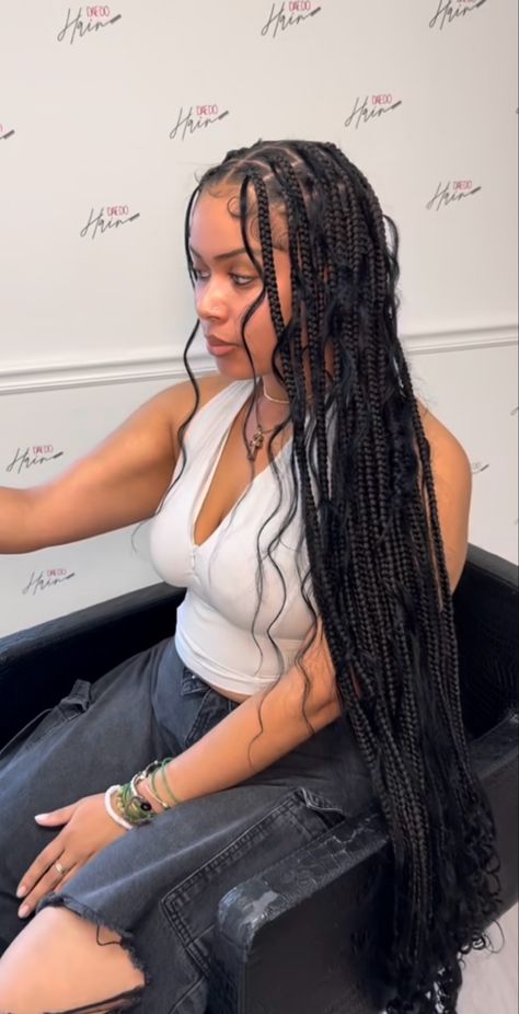 Knotless Braids Outfit Summer, Boho Knotless Braids Aesthetic, Braised Hair Styles, Bohemian Large Knotless Braids, Jet Black Braids Black Women, Boho Braids Large, Jet Black Braids, Boho Braids Straight Hair, Jet Black Knotless Braids