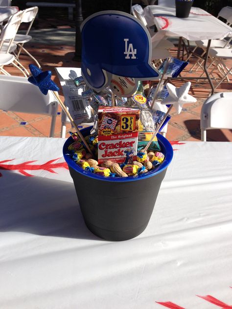 Dodger party centerpieces Baseball Birthday Party Games, Sports Party Centerpieces, Dodgers Birthday Party, Dodgers Party, Baseball Centerpiece, Sports Party Decorations, Baseball Theme Birthday, Baseball Theme Party, Baseball Birthday Party