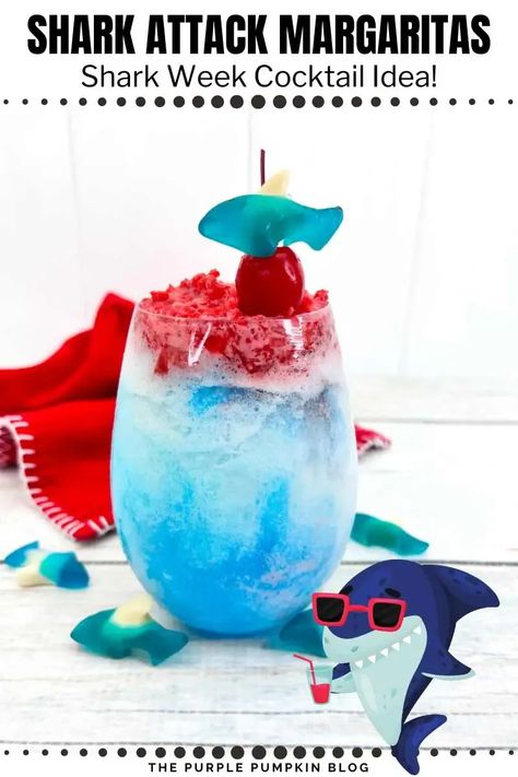 Get ready to make a splash with this Frozen Shark Attack Margarita! Layers of coconut, blue raspberry, and a bloody red blood layer create a mesmerizing drink. Find the recipe on The Purple Pumpkin Blog and dive into a shark-themed cocktail adventure! #sharkattackmargarita #frozencocktails Baby Shark Party Food, Shark Party Food Ideas, Shark Party Food, Shark Party Foods, Cocktail Party Appetizers, Raspberry Margarita, Baby Shark Party, Pomegranate Margarita, Shark Themed Party