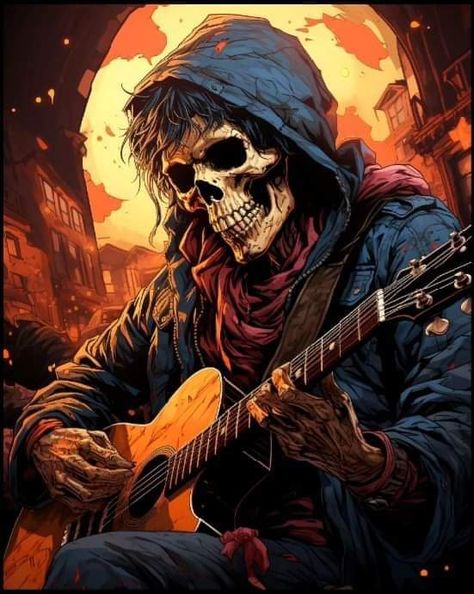 Skull Playing Guitar, Playing Guitar Drawing, Reaper Art, Guitar Drawing, Grim Reaper Art, Skeleton Illustration, Skull Pictures, Guitar Art