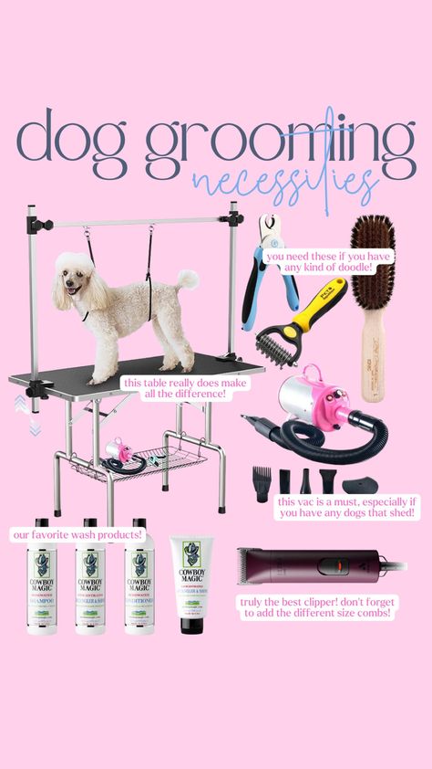 Dog Grooming Necessities!! 🐾✂️ Essential Dog Grooming Must-Haves! 🛁🐶 Explore the best tools and products for a paw-some grooming routine! #DogGrooming #PetCare #FurBabyEssentials #GroomingTools #DogSpa #FurCare #PetGroomingSupplies #DogBath #PamperedPooch #PetParenting #DogLovers #FurBabyLife #PawsAndClaws" Dog Grooming Tools Professional, Dog Grooming Accessories, Dog Grooming Essentials, Mobile Grooming Ideas, Dog Grooming For Beginners, Dog Grooming Aesthetic, Grooming Organization, Dog Grooming Room, Small Dog Grooming Salon Ideas