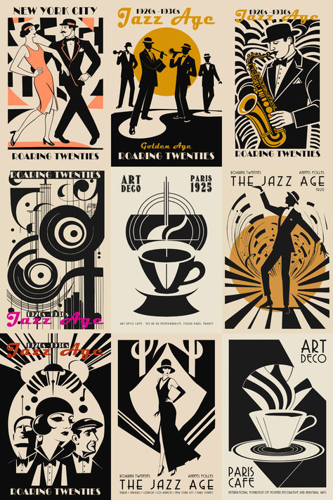 Jazz Age Decor, Vintage Wall Art, Retro Vibes, Timeless Design, Art Deco Style, Swing Era Art, Roaring Twenties, Jazzy Interiors, Musical Elegance, Gatsby Inspired, Retro Home, Classic Chic, Vintage Ambiance, Jazz Lovers, Time Travel In Style, Artistic Nostalgia, Era of Elegance, Harmony In Design, Music In Art, Sophisticated Spaces Jazz Art Deco Poster, Art Deco Silhouette, Art Deco Style Poster, 1920s Poster Design, Jazz Symbols, Jazz Inspired Art, Roaring 20s Graphic Design, Art Deco Vibes, Time Design Graphic