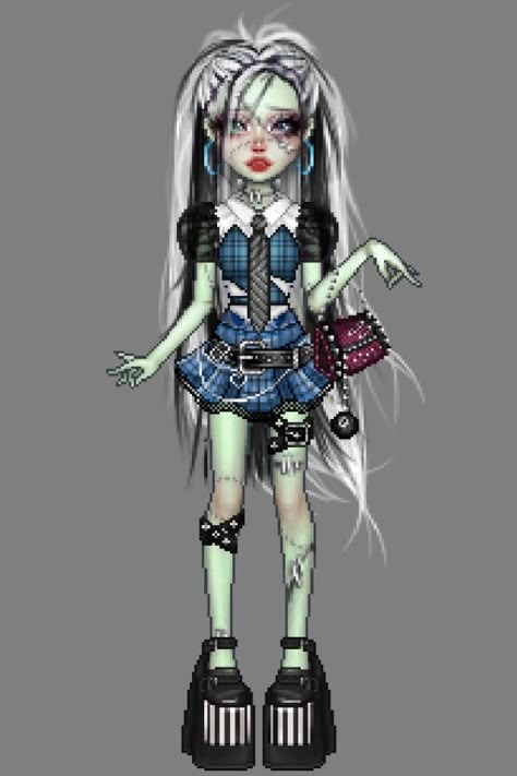 Frankie Stein Hairstyle, Monster High Makeup Frankie, Frankie Inspired Outfits, Frankie Stein Aesthetic Outfit, Everskies Halloween Outfits, Frankie Monster High Cosplay, Frankie Monster High Makeup, Monster High Frankie Stein Aesthetic, Frankie Redesign