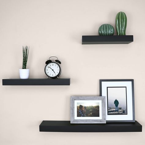 Wall Ledge, Shelf Arrangement, Modern Floating Shelves, Black Shelf, Shelf Decor Living Room, Black Shelves, Wall Shelf Decor, Wall Shelves Design, Mounted Shelves