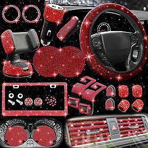 NBTEPEM 27 PCs Bling Car Accessories Set for Women, Bling Steering Wheel Covers Universal Fit 15 Inch, Bling License Plate Frame, Bling Phone Holder, Bling Car Coasters (Red Diamond) Pink Car Accessories, Glitter Car, Bling Car, Bling Car Accessories, Seat Belt Pads, Car Vent, Pink Bling, Red Diamond, Purple Rhinestone