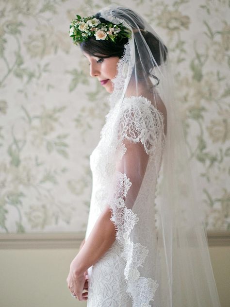 15 Different Ways to Style a Veil With a Flower Crown | TheKnot.com Flower Crown Wedding Veil, Veil With Flowers, Flower Crown Veil, Boho Veils, Lace Cathedral Veil, Veil Styles, Flowers In Her Hair, Bridal Flower Crown, Wedding Veils Lace