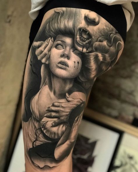 Possessed Vampire Tattoo Vampire Tattoo Designs, Side Leg Tattoo, Werewolf Tattoo, Vampire Tattoo, Girl Face Tattoo, White Blood, Realistic Tattoo, Horror Tattoo, Custom Tattoo Design