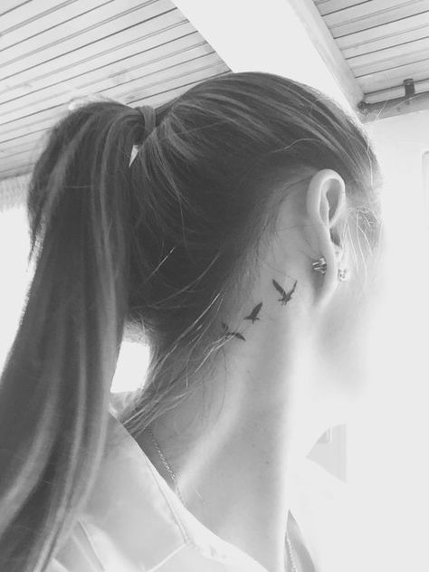 Bird neck tattoo. Behind The Ear Bird Tattoos, Birds Behind Ear Tattoo, Birds Neck Tattoo, Bird Behind Ear Tattoo, Bird Neck Tattoo, Love Story Aesthetic, Word Neck Tattoos, Neck Tattoo Design, Bird Tattoo Neck