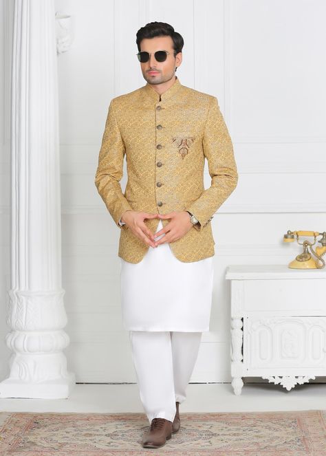 Includes: Prince Coat Fabric: JamawarColor: Light golden jamawarDescription: Prince coat (jamawar) This is a 1 Piece Stitched Outfit.Note: Color of this Product may slightly vary due to photographic lighting sources or your monitor settings. Prince Coat Design For Men, Prince Coat Wedding Pakistani, Prince Coat Wedding Pakistani Men, Prince Coat For Men, Indian Wedding Suits Men, Golden Outfit, Wedding Kurta, Wedding Kurta For Men, Prince Coat