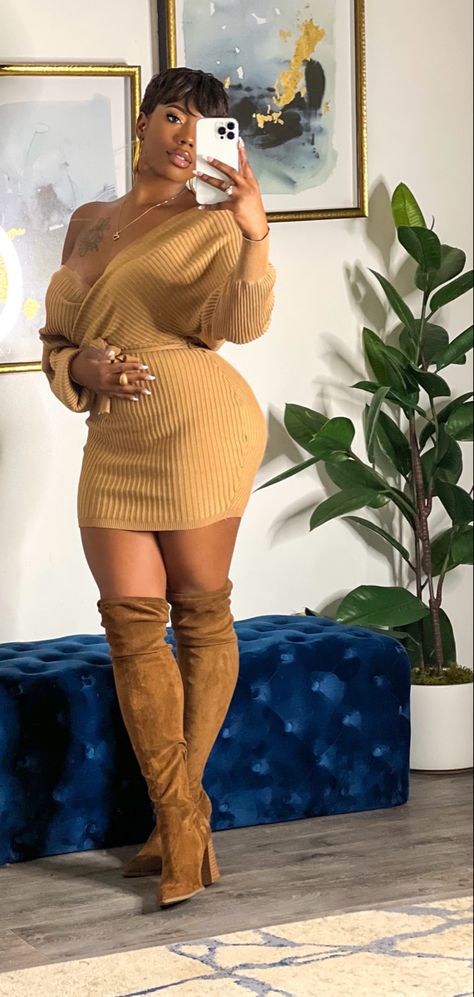 Sweater Dress And Thigh High Boots, Fall 2023 Black Women Fashion Trends, Black Sweater Dress With Boots Plus Size, Sweater Dress Thigh High Boots, Gold Sweater Dress Outfit, Boots And Sweater Dress, Sweater Dress With Over The Knee Boots, Fitted Sweater Dress, Sweater Dress Birthday Outfit