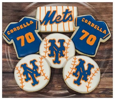 Mets Cookies NY Mets NY Mets Cookies 70th Birthday Cookies Diehard Mets Fan Happy Birthday Baseball Cookies Sports Fan Cookies Ny Mets Birthday Cake, Mets Party Ideas, Ny Mets Birthday Party, Mets Theme Birthday Party, 70th Birthday Cookies, Happy Birthday Baseball, Baseball Snacks, New York Cookies, Baseball Cupcakes