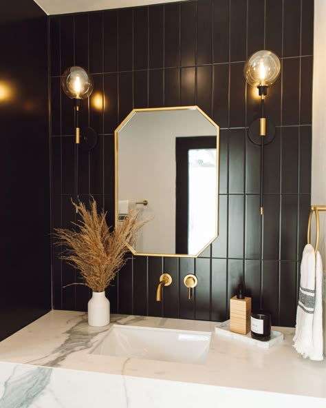 Black And Gold Washroom, Black And Gold Bathroom Wallpaper, Black And Gold Washroom Ideas, Black Gold Half Bathroom, Black White Gold Powder Room, Black Gold Powder Room, Black Tile Half Bath, Black Vanity Half Bathroom, Black White And Gold Half Bathroom