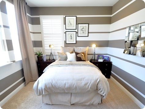 striped walls Striped Bedroom Walls, Striped Walls Bedroom, Wall Stripes, Narrow Bedroom, Striped Bedroom, Classy Bedroom, Striped Walls, Bedroom Wall Designs, Tiny Bedroom