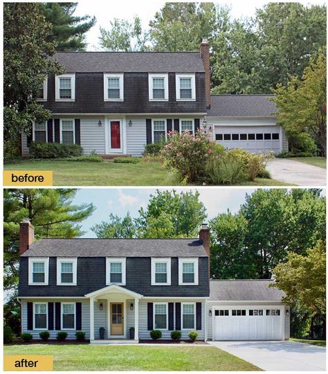 This classic Dutch Colonial got a modern refresh with a new front porch, simple landscaping and a new Clopay Coachman carriage house garage door with windows. Garage door model shown: Design 12 with REC13 windows in white. Dutch Colonial Garage Addition, Gambrel Front Porch, Black Dutch Colonial Exterior, Dutch Colonial Front Porch, Light Grey Colonial House Exterior, Dutch Colonial House Exterior Front Doors, Dutch Colonial With Front Porch, Dutch Colonial Porch, Gambrel Colonial House