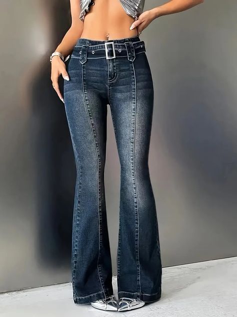 Women's High waist Belted Flared Jeans Classic Denim Bell - Temu United Kingdom Moda Denim, Shein Icon, Pullover Outfit, Flare Leg Jeans, Women Denim Jeans, Denim Flares, Bell Bottom, Flared Jeans, Casual Denim