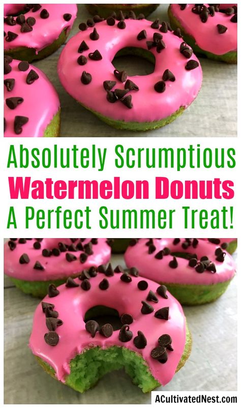 Watermelon Cake Donuts- These easy and delicious donuts have a fun watermelon look, making them perfect for summer! | dessert recipe, homemade donuts, summer desserts, summer party food ideas, #donuts #doughnuts #dessert #ACultivatedNest Watermelon Themed Desserts, Summer Birthday Party Food Ideas, Watermelon Dessert Ideas, Watermelon Party Food, Watermelon Sweets, Summer Party Food Ideas, Watermelon Birthday Party Theme, Summer Party Food, Watermelon Dessert