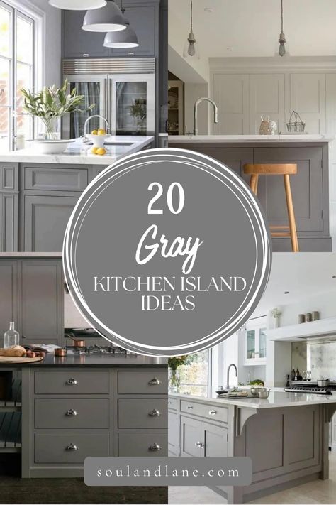 From light dove grays that bring an airy feel to deep charcoals that command attention, these ideas show how a gray island can serve as a versatile centerpiece. Pair with contrasting cabinets for a striking visual balance or match with similar tones for a seamless look. Accentuate with metallic hardware for a touch of glamour or wood details for warmth, crafting a kitchen island that's both functional and stylish. Gray Kitchen Cabinets Decor Ideas, Contrast Kitchen Island Color Combos, Kitchen Island Colours, Dark Grey Island White Kitchen, Grey Island White Cabinets, Charcoal Kitchen Island, White Kitchen Gray Island, Grey Kitchen With Island, Dove Gray Kitchen Cabinets