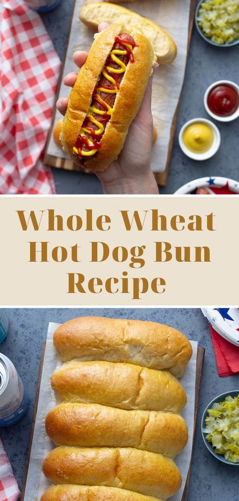 Say goodbye to store-bought and hello to homemade with these easy whole wheat hot dog buns! Packed with nutrients and flavor, these buns will be the star of your next cookout. Whole Wheat Hot Dog Buns, Hot Dog Bun Recipe, Hot Dog Buns Recipe, Hot Dog Bun, Hamburger Bun Recipe, Hot Dog Rolls, Whole Grain Flour, Hamburger Buns, Pastry Flour