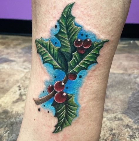 CafeMom.com : Holly : 20 Tattoos For Anyone Obsessed With Winter -- Many people associate holly with winter and the holidays. Its dark green leaves and contrasting red berries make it a visually appealing tattoo idea, too. They don't call it "holy, jolly" Christmas for nothing. Holly Tattoo Ideas, Holly Tattoo Design, Holly Berry Tattoo Simple, Holly Tattoo Color, Holly Tattoo Flowers, Winter Tattoo Ideas, Reindeer Tattoo, Christmas Tattoo Ideas, Holly Tattoo