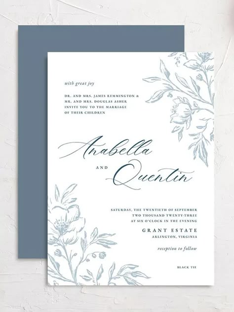 Simple Blue Wedding Invitations, Blue And White Wedding Invitations, Classic Floral Wedding, Floral Invitation Design, Wedding Invitations Blue, Wedding Invitations Classic, Personalized Wedding Details, Crest Wedding Invitations, Wedding Illustration Card