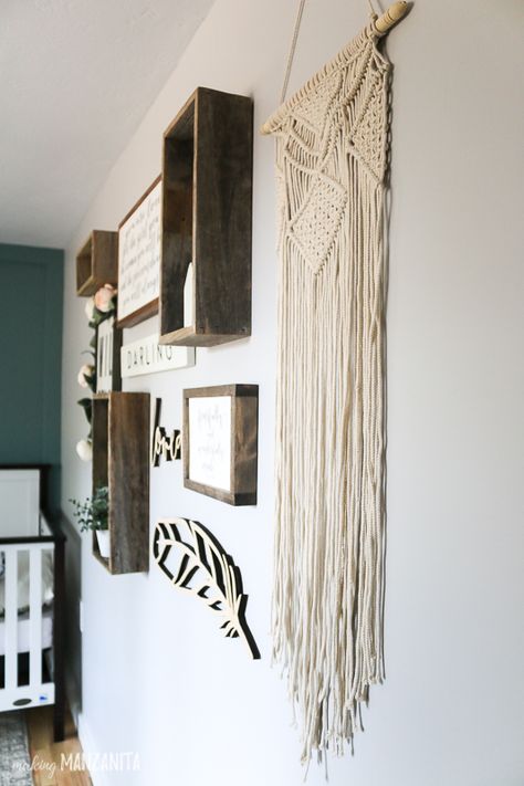 This boho inspired gallery wall for baby girl's nursery is so cute!! Everything is handmade and unique from Etsy! This macrame wall hanging is the perfect touch. #boho #gallerywall #nursery #bohonursery #walldecor #etsy Macrame Wall Collage, Boho Wall Collage Ideas, Boho Photo Wall Ideas, Boho Gallery Wall Ideas, Macrame Gallery Wall, Wall Hanging Arrangements, Nursery Gallery Wall, Hallway Pictures, Big Blank Wall