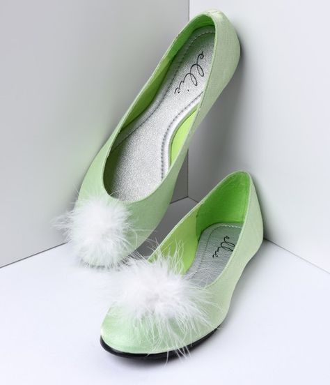 Just a dash of pixie dust please! These Mila vintage shoes are a precious pair of retro style flats in a sparkling light green sheen with soft white feather pom pom on the toe. Get ready to fly, darling! <br /><br />Please note all shoes have a 4 day hand Tinkerbell Shoes, Disneyworld Outfits, Vintage Shoes Flats, Disney Dress Up, Style Flats, Disney Bound Outfits, Vintage Flats, Dapper Day, White Feather