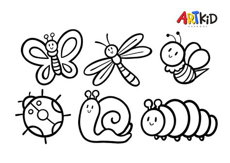 This picture belongs to one of our easy drawing and coloring videos on our YouTube channel. You will find the link to download the high quality outline picture in the description of the video. Easy Spring Drawings For Kids, Easy Insect Drawings, Spring Drawing Ideas Easy, Spring Drawings Easy, Spring Drawing Easy, How To Draw Bugs, Bug Doodles, Bugs Coloring Pages, Insects Drawing