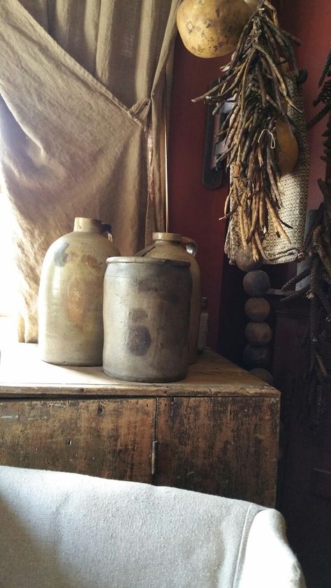 Primitive Crocks Primitive Crock Decor Ideas, Display Crocks, Primitive Dining Room Ideas, Decorate With Crocks Rustic, Primitive Shelf That Holds Crocs, Primitive Windows, Primitive Crocks, Primitive Dining Room, Old Crocks