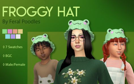 Froggy Hat - TS4 Maxis Match CC A cute little crocheted froggy bucket hat! A little different then usual, but I really enjoyed making it, so I hope you guys like it! Enjoy! :) 7 swatches BGC Hair... Maxis Max Sims 4 Cc, Sims 4 Hats Maxis Match, Crochet Sims 4 Cc, Cute Maxis Match Cc, Sims 4 Cc Hats Maxis Match, Sims 4 Bucket Hat, Sims Cc Hats, Sims 4 Cc Bgc, Sims 4 One Piece Cc