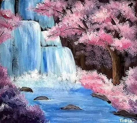 Cherry Blossom Landscape Drawing, Waterfall Sketch Pencil, Painting Ideas On Canvas Waterfall, Sakura Landscape Painting, Japan Cherry Blossom Drawing, Cherry Blossom Landscape Painting, Cherry Blossom Artwork, Painted Cherry Blossoms, Japan Landscape Painting