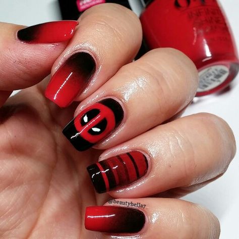 Pinterest: kae4evalol ❤️ Snapchat: monkey_bunny14 Marvel Nail Art Easy, Deadpool Nail Art, Deadpool Wedding, Deadpool Nails, Superhero Nails, Deadpool Party, Deadpool Birthday, Marvel Nails, Wine Nails