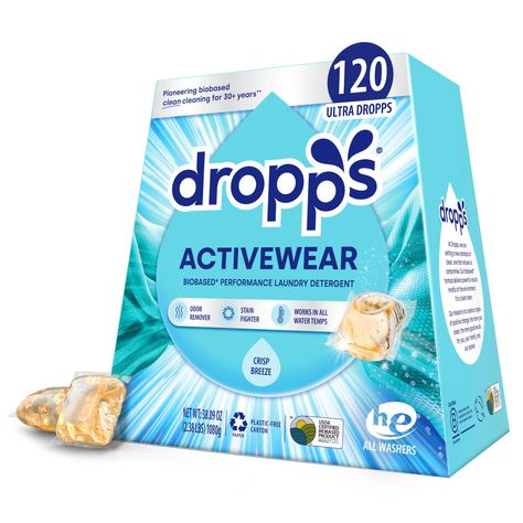 PRICES MAY VARY. Powerful Clean for Active Wear: Dropps Active Wash Laundry Detergent Pods are expertly formulated to tackle tough sweat & odors trapped in the tight weave of performance active wear. With five active enzymes and three surfactants, this detergent cleans every type of stain, from grass to blood and sweat. Contains anti-permastink advanced odor control technology. Compatible with all washers (HE + standard), wash cycles, and temperatures. Scent: Crisp Breeze. 120 pods. Designed for Laundry Detergent Pods, Laundry Pods, Clean Clothes, Sweaty Workouts, Laundry Liquid, Laundry Supplies, Dye Free, Intense Workout, Laundry Detergent